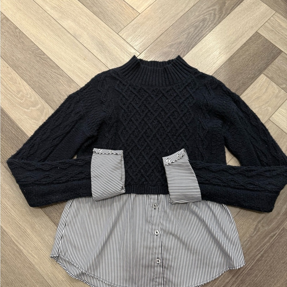 Maeve Cable Knit Cowl Neck Sweater with Striped Hem